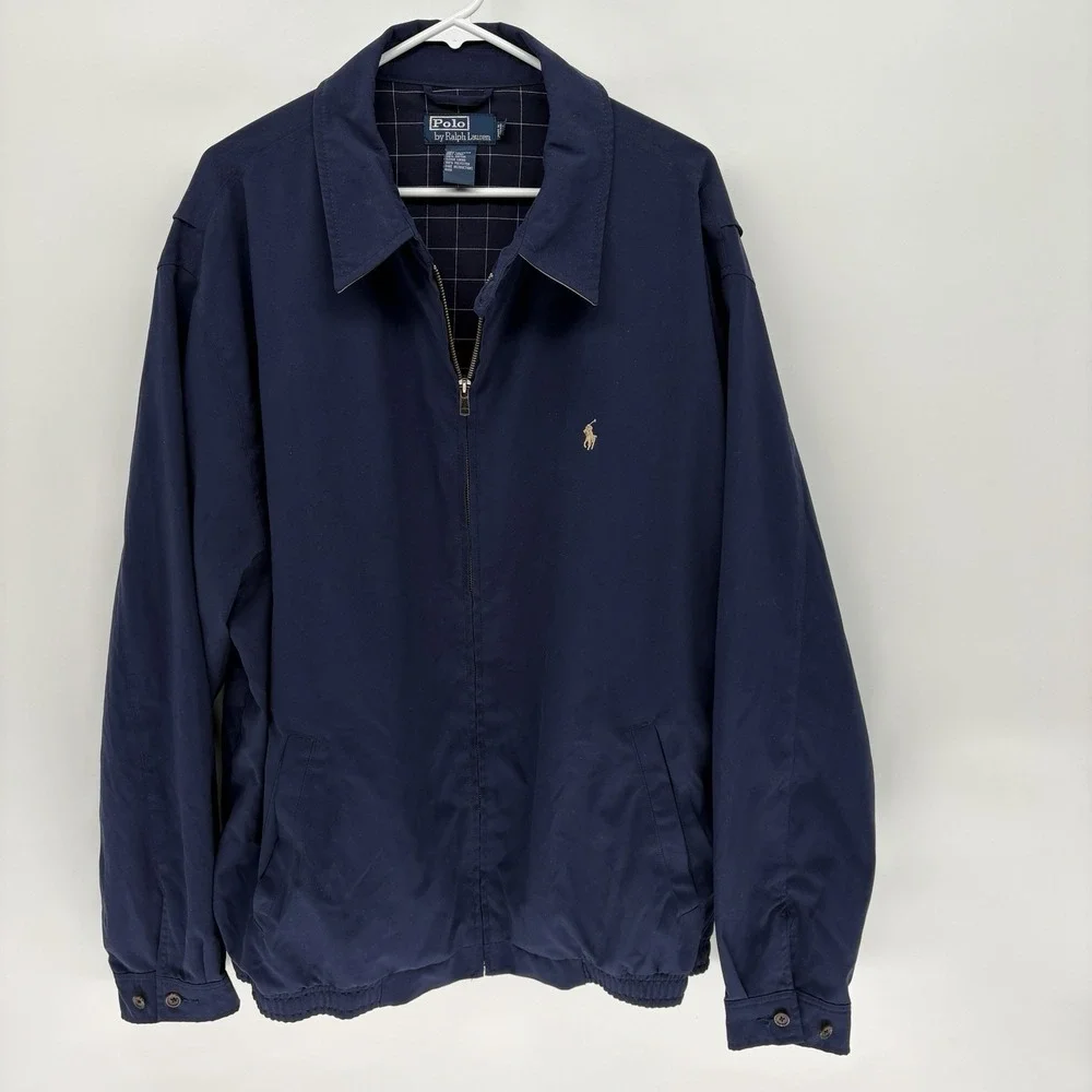 Vintage Polo Ralph Lauren Blue Harrington Jacket Grid Lined Full Zip Men 2LT